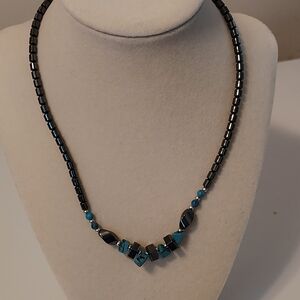Elegant Hematite Black and Blue Beaded Necklace. 18"